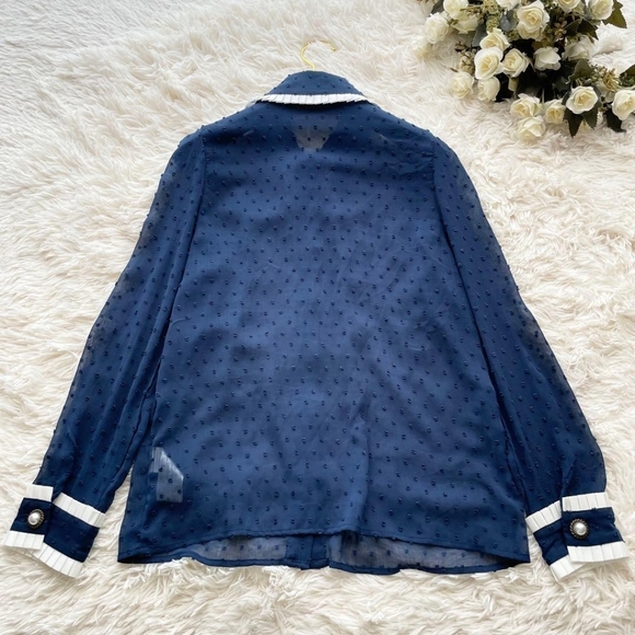 NEW Sister Jane Blue Swiss Polka Dot Bow Button Collared Blouse Shirt Medium - Picture 7 of 7